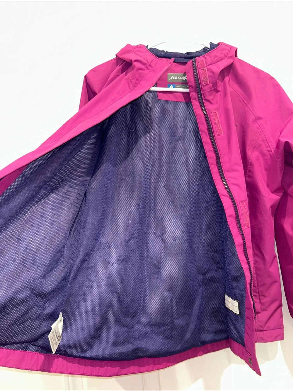 Eddie Bauer Girl’s FirstAscent Fuchsia Hooded Rain Jacket, Size Large (14-16)